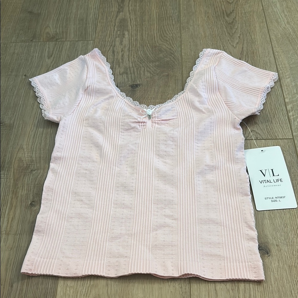 Vital Life Pink Lace Trim Top